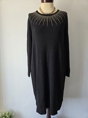 Paul Costelloe Black Label Black Sweater Dress With Gold Studded Neck. Large